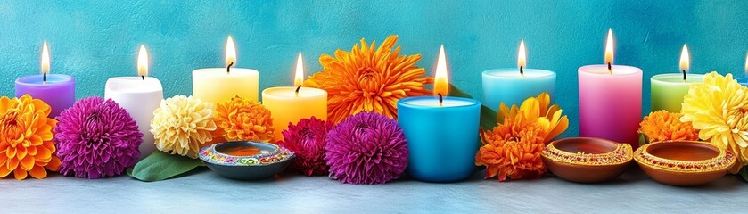 A vibrant Hanukkah and Diwali celebration scene with candles and colorful flower decorations, blending cultural symbols of light and festivity