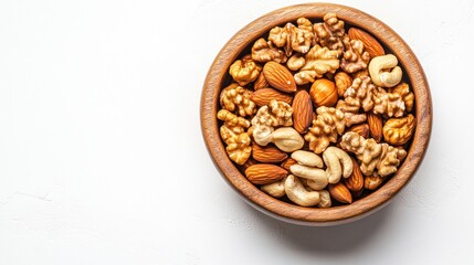 A wooden bowl filled with a variety of nuts including walnuts, almonds, and cashews.