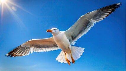 Fototapeta premium Seagull flying with open wings on clear sky during summer