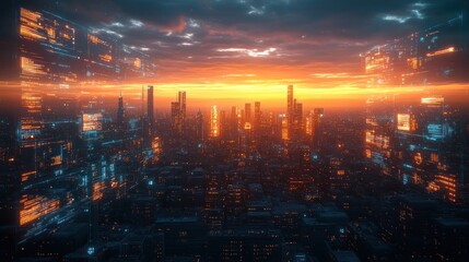 Obraz premium Futuristic cityscape with digital overlays at sunset.