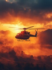 Military Helicopter Over Scenic Landscape at Dramatic Sunset