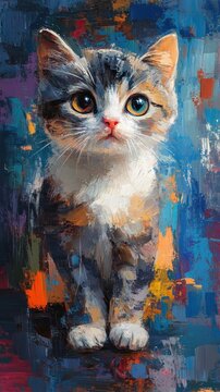 Scottish Fold cat rendered in Abstract Expressionism style, with bold, dramatic brushstrokes that convey its quiet yet curious nature.