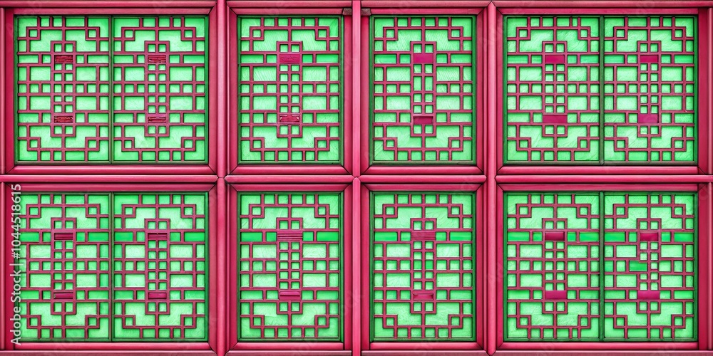 Poster seamless background of chinese window pattern in square shape with pink and green colors