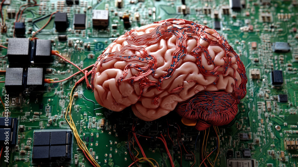 Poster a computer brain, shown in 3d, with wires and artificial intelligence technology.