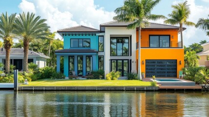 Fototapeta premium Modern Coastal Home with Vibrant Colors and Design