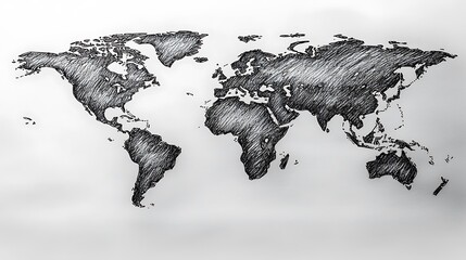 World Map Sketch: Hand-drawn world map in pencil, detailed continents, global travel, adventure, exploration