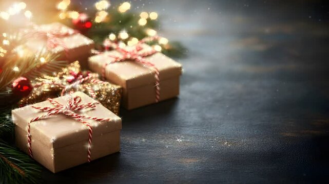 Christmas gift boxes on rustic table with warm lights and pine branches.