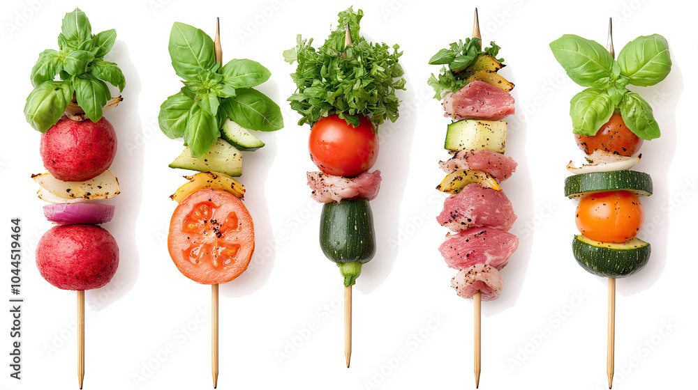 Poster fresh meat and vegetable kebabs arranged on skewers for grilling generative ai