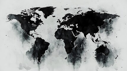 World Map in Black Ink Wash Painting Style 
