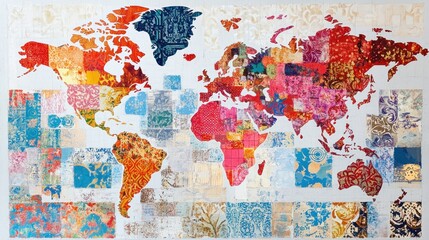Naklejka premium A colorful world map composed of intricate patterns and designs.