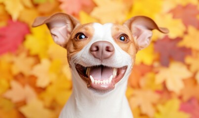Joyful Pit Bull With Autumn Leaves Background - Emphasizing Strength and Seasonal Charm