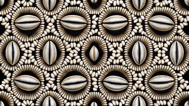 Seamless cowrie shell pattern on black background
