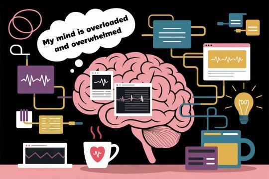 Colorful illustration of brain struggling with overwhelming digital information and stimuli. Modern anxiety concept