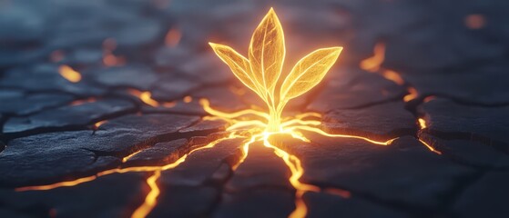 A glowing plant emerges from cracked ground, symbolizing resilience and rebirth in a harsh environment.