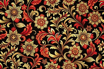 seamless floral pattern in red and gold on black background