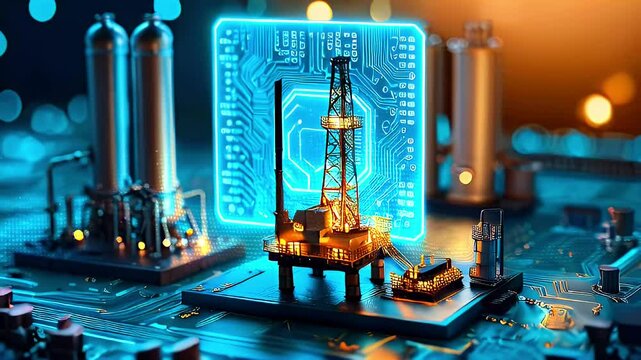 Oil rig model on a circuit board with neon blue lighting.