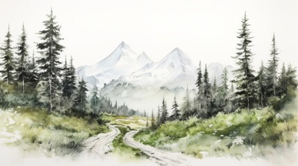 Watercolor Painting of a Winding Path Through a Forest Leading to Snowy Mountains