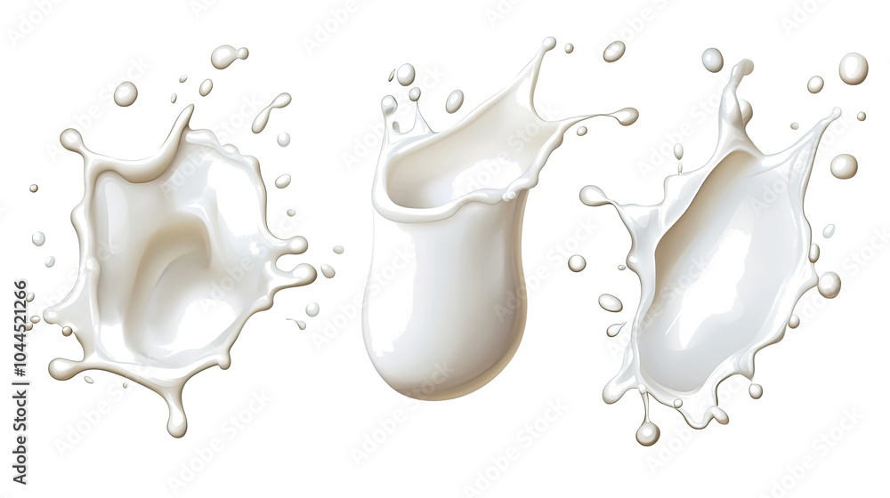 Poster dynamic milk splashes collection on a transparent background generative ai