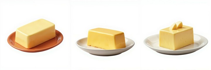 Butter variety on plates, white isolate background