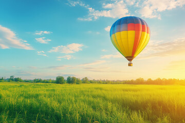 Naklejka premium Hot Air Balloon Soaring Over a Lush Green Field