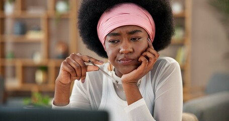 Doubt, education and laptop with black woman student in home study for online class or remote...