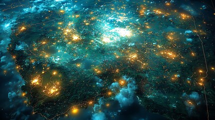 Obraz premium Celestial Spark: An ethereal aerial view of a city at night, resembling a constellation of shimmering lights against a dark, teal canvas. The image evokes a sense of wonder and mystery. 