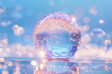 Cosmetic Essence  Liquid bubble  Molecule inside Liquid Bubble on water background  3d rendering