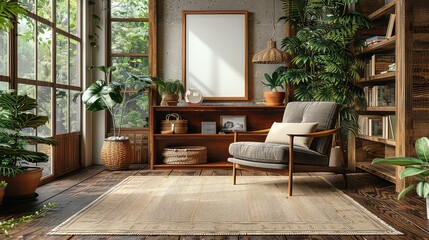 Fototapeta premium Interior living room with armchair, bookshelf and plants