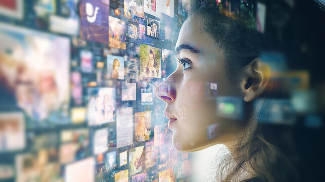 A woman is looking at a screen filled with images of social media, online shopping, banking apps, video games, and popular internet personalities. This shows how we're connected through the web.