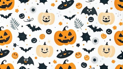 Seamless Halloween pattern featuring bats pumpkins and ghosts on a white background. A doodle-filled Halloween background featuring smiling ghosts, flying bats, and grinning pumpkins