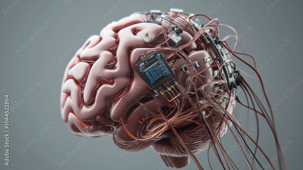 Poster a computer brain, shown in 3d, with wires and artificial intelligence technology.