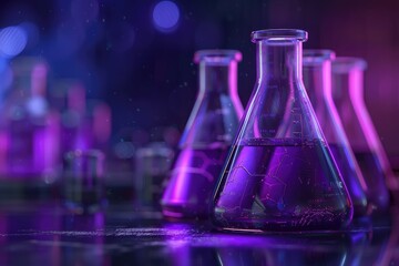 purple glass flask in blue research chemistry science banner laboratory background