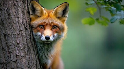 Fototapeta premium Curious red fox hiding behind a tree in the forest