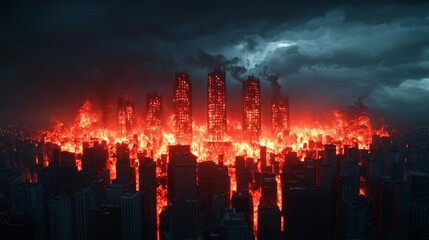 Obraz premium A fiery cityscape engulfed in flames under dark, stormy skies, symbolizing destruction and chaos in an urban environment.