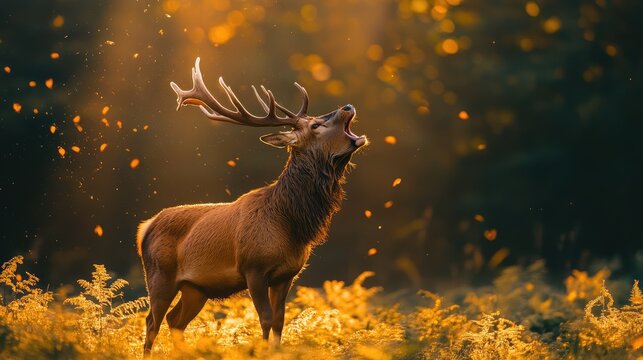 Fototapeta Red deer stag bellowing in a forest at sunset