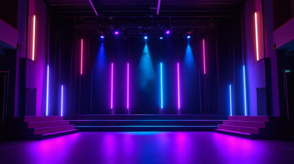 The stage glowed with bright purple and blue lights, making the performance feel lively and exciting.