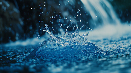 Crystal-clear blue water bursts into a splash, capturing the energy and beauty of nature. Ideal for showcasing purity and promoting products related to nature.