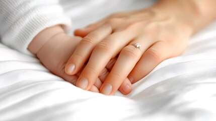 Infant's hand on mother's hand on infant's white bed 

