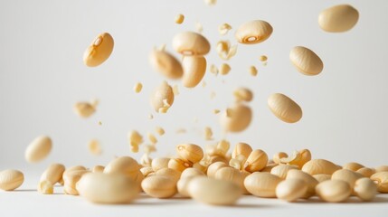 A close-up of scattered beige beans against a white background, showcasing their texture.