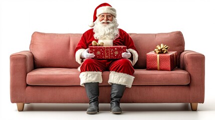 Santa Claus sitting on the sofa with present on sofa isolated on white background