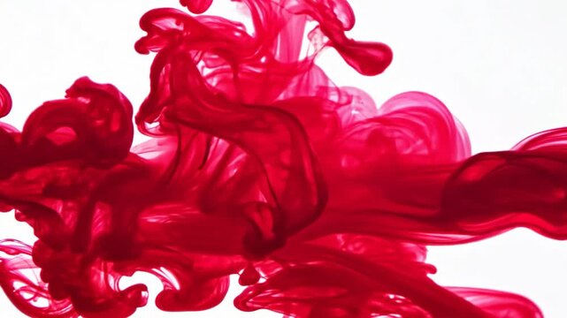  Ink's Intriguing Resemblance to Blood. Spellbinding Footage of Ruby Fluid Spreading Its Mystique on an Untouched White Backdrop. Red blood transition pattern background, slow motion. Towards Camera. 