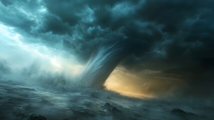 Naklejka premium Dramatic 3D Tornado Sweeping Through Stormy Skies with Powerful Lighting Effects
