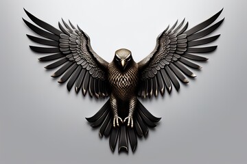 Fierce Black and Gray Eagle Spreading Its Powerful Wings Against a Solid Wall Background, AI Generated Bird Illustration
