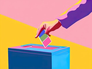 Vibrant Abstract Art: A Hand Dropping a Colorful Ticket into a Blue Donation Box - Perfect for Sports Interior Posters and Inspirational Spaces