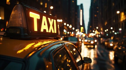 Close up of taxi sign on car, night traffic on a busy city street with glowing lights and moving cars