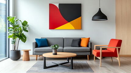 Modern living room design featuring bold colors and contemporary furniture