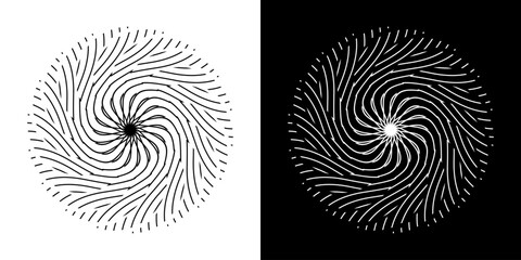 Abstract background with lines pattern in circles. Spiral art design as logo or icon. A black figure on a white background and the same white figure on the black side. Mandala with line pattern.