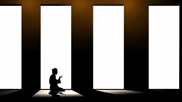 Prayer, spiritual and Islamic man with faith, animation and mosque with believe, holy and routine. Muslim person, graphics and guy with gratitude, dua and trust with hope worship, peaceful or respect