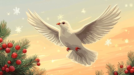 Obraz premium A serene illustration of a white dove gracefully flying in a blue sky, symbolizing peace and freedom, surrounded by soft clouds, christmas day