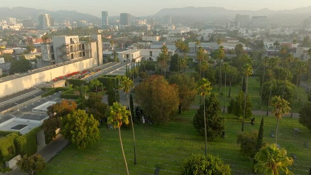 4K aerial of Hollywood Forever Cemetery at sunrise, September 2024, Los Angeles, California, USA.